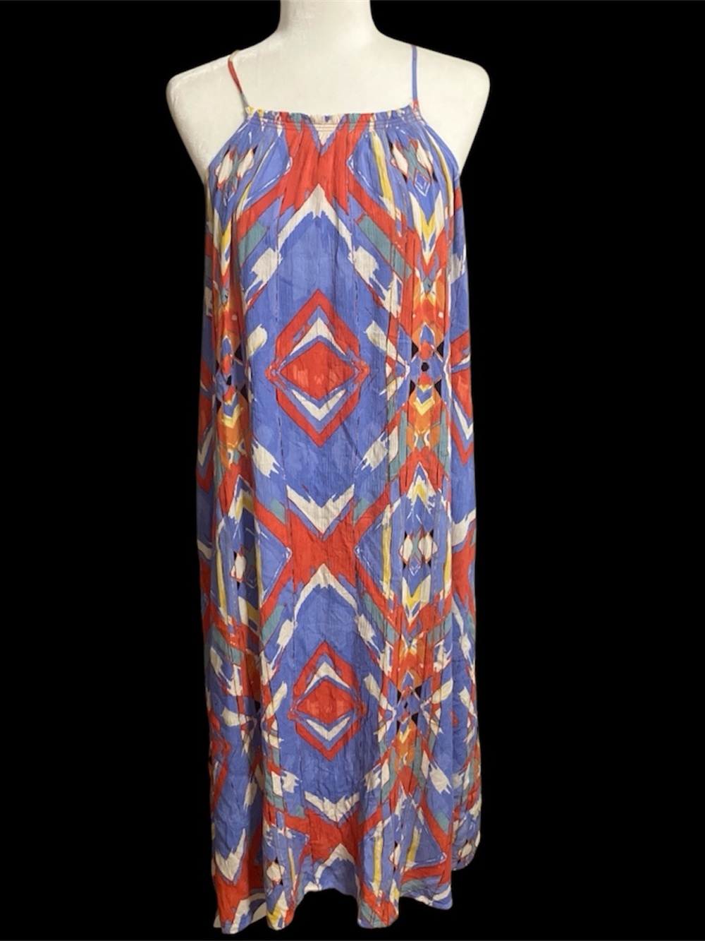 C&C California Blue and Red Geometric Halter Maxi Dress